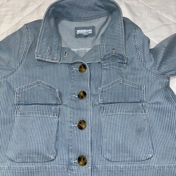 LOFT NWT Striped Denim Jean Jacket Medium Blue White Utility Button Front - Picture 9 of 14